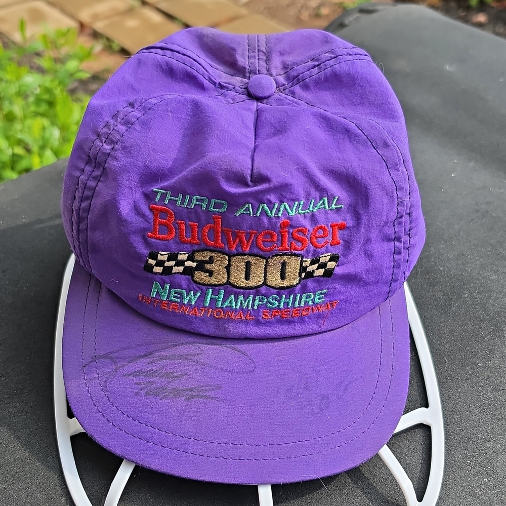 SIGNED Vtg Strohm 1992 NASCAR Budweiser 300 Snapback Hat New Hampshire Speedway